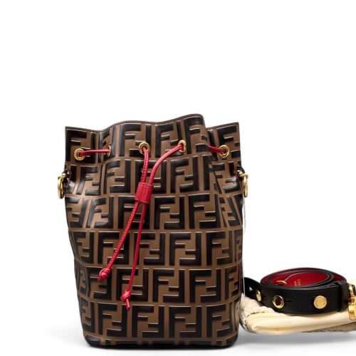 Fendi Small Mon Tresor Bucket Embossed FF Calfskin Brown Black Red
