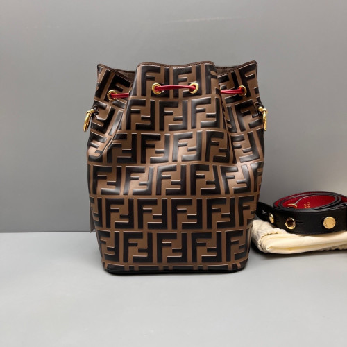 Fendi Small Mon Tresor Bucket Embossed FF Calfskin Brown Black Red