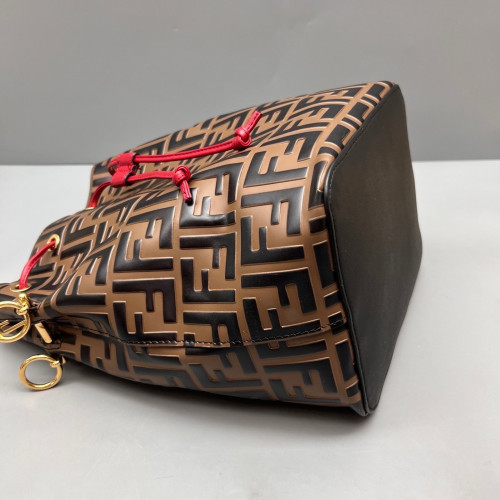 Fendi Small Mon Tresor Bucket Embossed FF Calfskin Brown Black Red