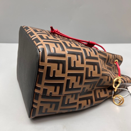 Fendi Small Mon Tresor Bucket Embossed FF Calfskin Brown Black Red