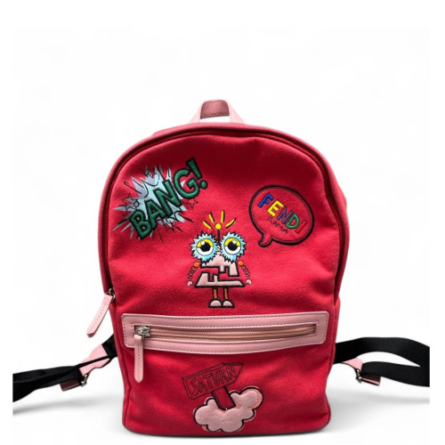 Fendi Embroidered Backpack Canvas Calfskin Red Pink Black