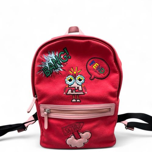 Fendi Embroidered Backpack Canvas Calfskin Red Pink Black