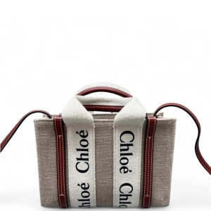 Chloe Mini Woody Ribbon Tote Canvas Calfskin Beige Brown White