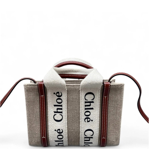 Chloe Mini Woody Ribbon Tote Canvas Calfskin Beige Brown White