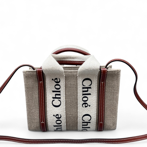 Chloe Mini Woody Ribbon Tote Canvas Calfskin Beige Brown White