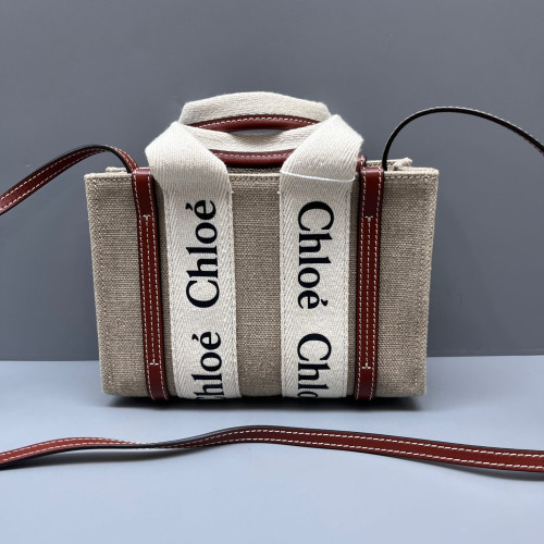 Chloe Mini Woody Ribbon Tote Canvas Calfskin Beige Brown White