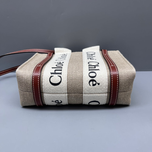 Chloe Mini Woody Ribbon Tote Canvas Calfskin Beige Brown White