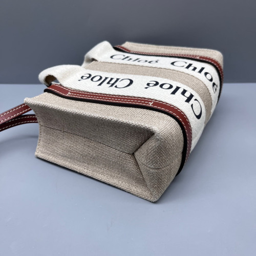 Chloe Mini Woody Ribbon Tote Canvas Calfskin Beige Brown White