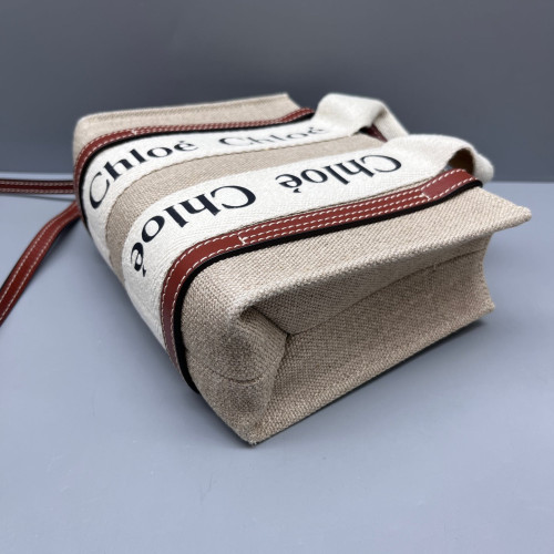 Chloe Mini Woody Ribbon Tote Canvas Calfskin Beige Brown White