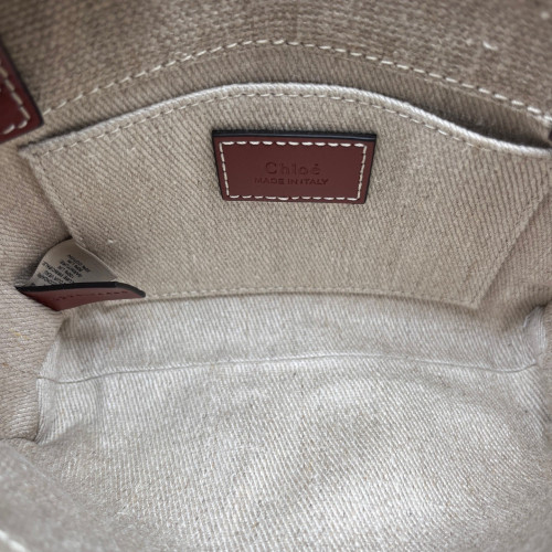 Chloe Mini Woody Ribbon Tote Canvas Calfskin Beige Brown White