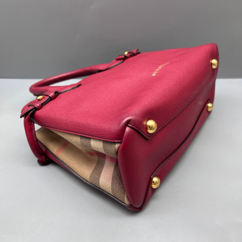 Burberry Small Banner Tote Calfskin House Check Red Beige Black