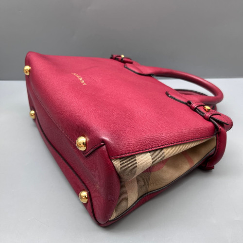 Burberry Small Banner Tote Calfskin House Check Red Beige Black