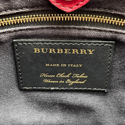 Burberry Small Banner Tote Calfskin House Check Red Beige Black