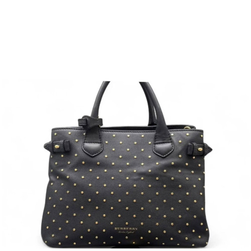 Burberry Studded Medium Banner Tote Calfskin House Check Black Beige Red