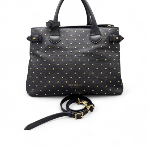 Burberry Studded Medium Banner Tote Calfskin House Check Black Beige Red
