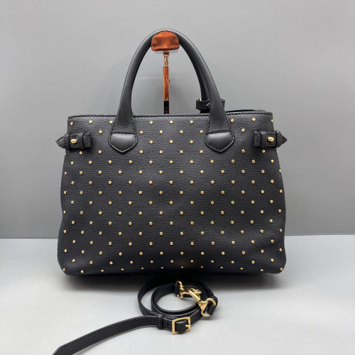 Burberry Studded Medium Banner Tote Calfskin House Check Black Beige Red