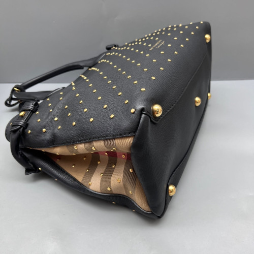 Burberry Studded Medium Banner Tote Calfskin House Check Black Beige Red