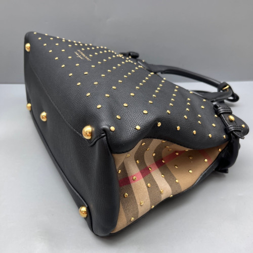 Burberry Studded Medium Banner Tote Calfskin House Check Black Beige Red