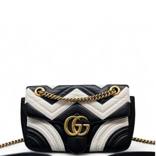 Gucci Chevron Small GG Marmont Calfskin Black White
