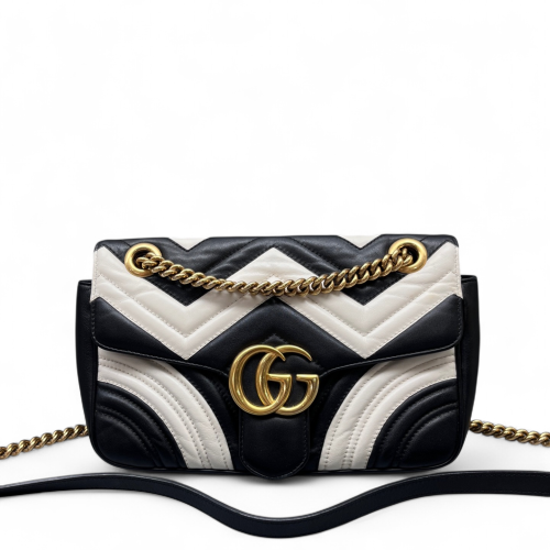 Gucci Chevron Small GG Marmont Calfskin Black White