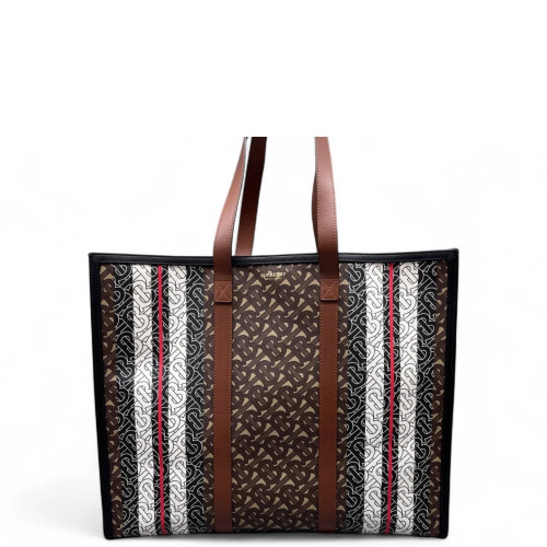 Burberry Large Stripe Book Tote Monogram Calfskin Brown Black White