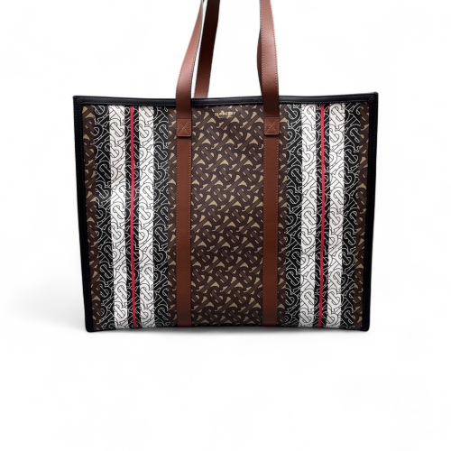 Burberry Large Stripe Book Tote Monogram Calfskin Brown Black White