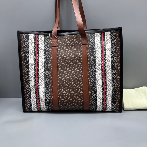 Burberry Large Stripe Book Tote Monogram Calfskin Brown Black White