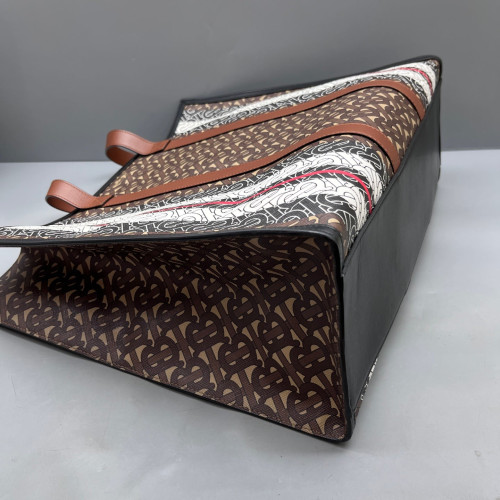 Burberry Large Stripe Book Tote Monogram Calfskin Brown Black White