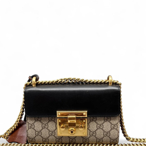 Gucci Small Padlock Shoulder Bag GG Supreme Monogram Black Beige