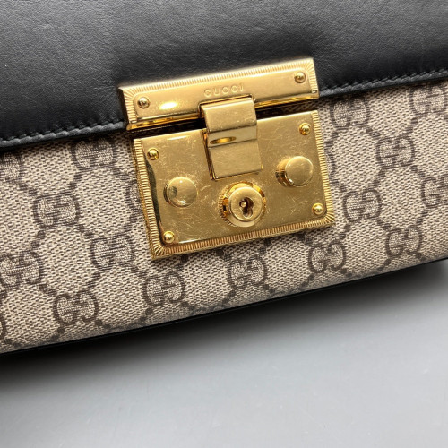 Gucci Small Padlock Shoulder Bag GG Supreme Monogram Black Beige
