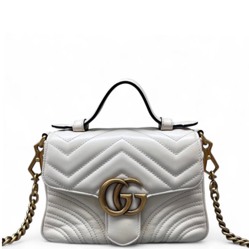 Gucci Chevron Mini GG Marmont Top Handle Shoulder Bag Calfskin White Gucci Chevron Mini GG Marmont Top Handle Shoulder Bag Calfskin White