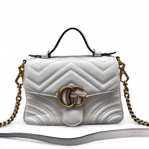 Gucci Chevron Mini GG Marmont Top Handle Shoulder Bag Calfskin White Gucci Chevron Mini GG Marmont Top Handle Shoulder Bag Calfskin White