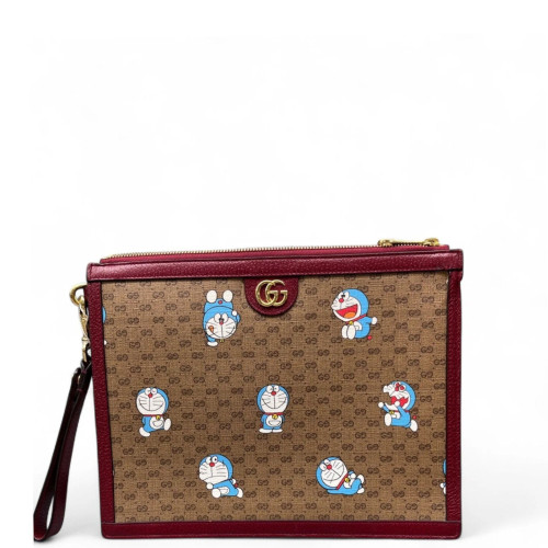 Gucci X Doraemon Clutch GG Supreme Monogram Brown Red