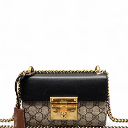 Gucci Small Padlock Shoulder Bag GG Supreme Monogram Calfskin Brown Black Beige