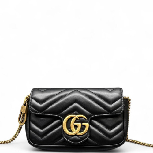 Gucci Chevron GG Marmont Chain Flap Mini Bag Calfskin Black