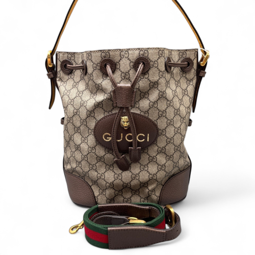 Gucci Web Bucket GG Monogram Grained Calfskin Brown Khaki