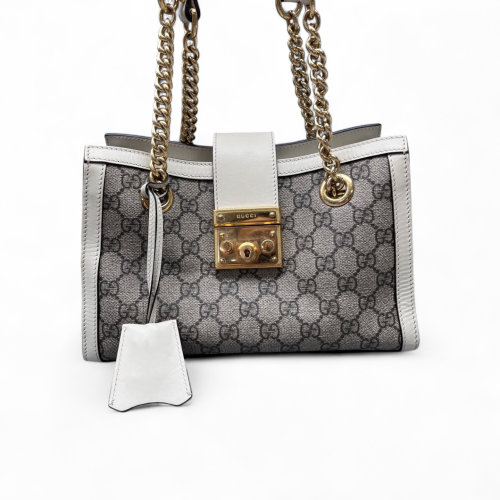 Gucci Small Padlock Tote Calfskin GG Supreme Monogram White Beige Brown