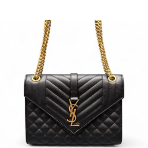 Yves Saint Laurent Medium Envelope Chain Wallet Shiny Caviar Calfskin Black