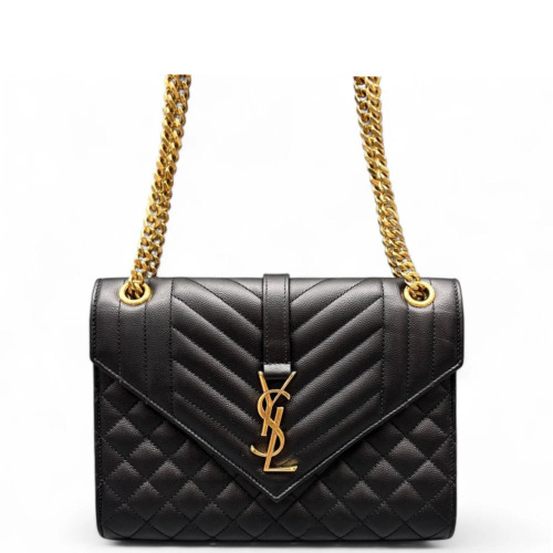 Yves Saint Laurent Medium Envelope Chain Wallet Shiny Caviar Calfskin Black