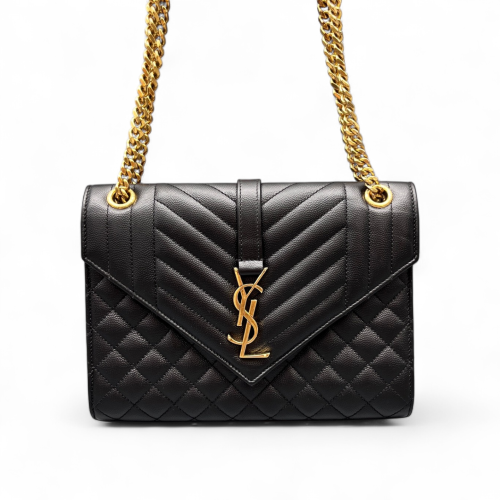 Yves Saint Laurent Medium Envelope Chain Wallet Shiny Caviar Calfskin Black