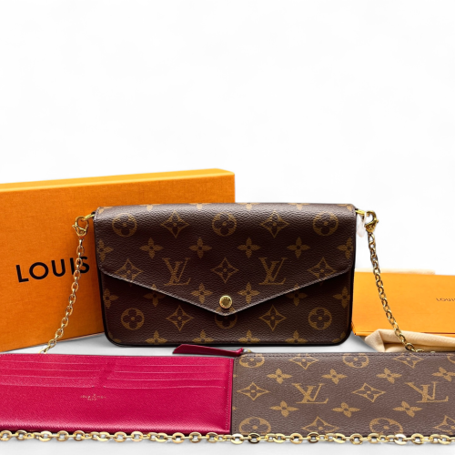 Louis Vuitton Pochette Felicie Chain Wallet Monogram Brown Burgundy