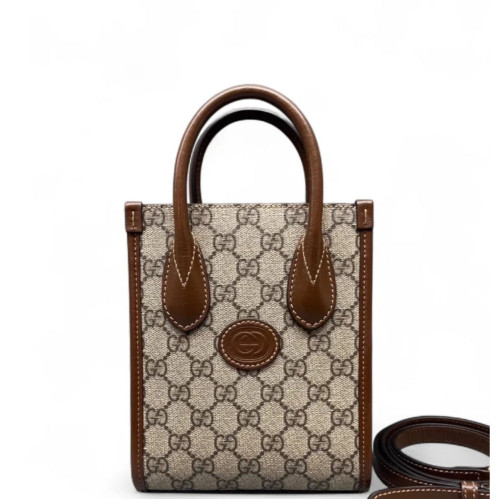 Gucci Mini Interlocking G Tote GG Supreme Monogram Calfskin Brown Beige