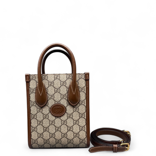 Gucci Mini Interlocking G Tote GG Supreme Monogram Calfskin Brown Beige