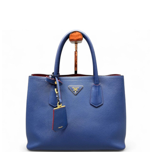 Prada Medium Double Handle Bag Saffiano Calfskin Blue Red