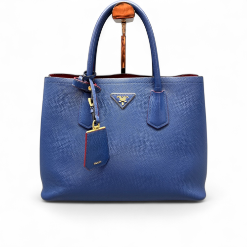 Prada Medium Double Handle Bag Saffiano Calfskin Blue Red