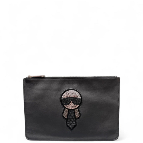 Fendi Crystal Embellished Bill Pouch Calfskin Black