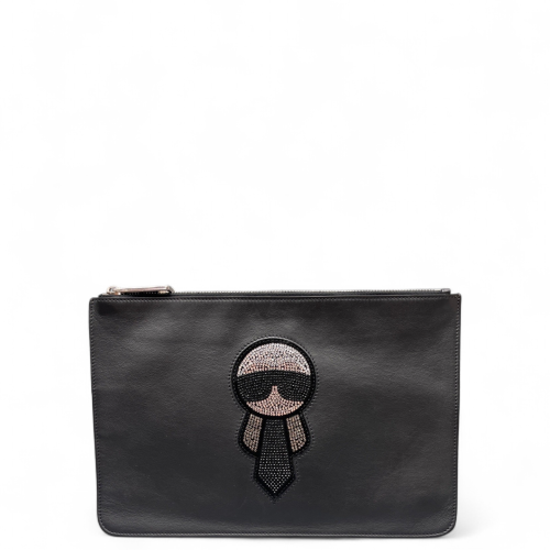 Fendi Crystal Embellished Bill Pouch Calfskin Black