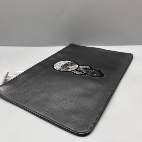 Fendi Crystal Embellished Bill Pouch Calfskin Black
