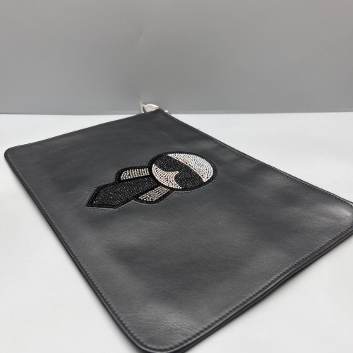Fendi Crystal Embellished Bill Pouch Calfskin Black