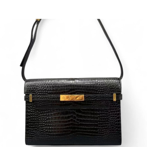 Yves Saint Laurent Medium Manhattan Shoulder Bag Calfskin Crocodile Embossed Black